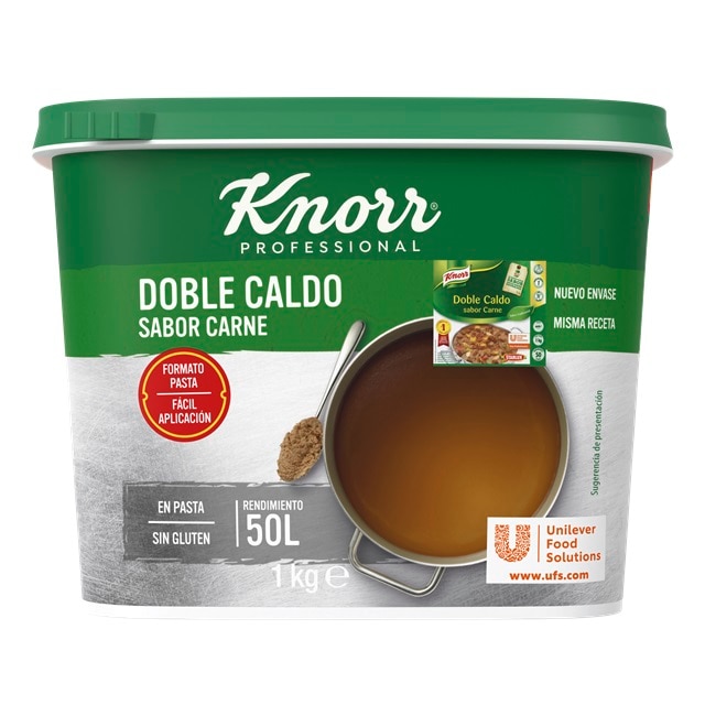 Knorr Doble Caldo sabor carne sin gluten cubo 1kg - Knorr Doble caldo sabor carne. En pasta y de fácil aplicación