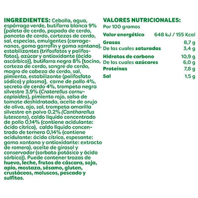 Sofrito de botifarras, pollo, secreto de cerdo y trompetas bandeja 2kg - Nuestras bases culinarias no solo destacan por su sabor, sino también por su homogeneidad y conveniencia. Cada lote es cuidadosamente preparado para asegurar una calidad uniforme en cada ración, permitiendo a los chefs ahorrar tiempo sin sacrificar el sabor ni la textura.