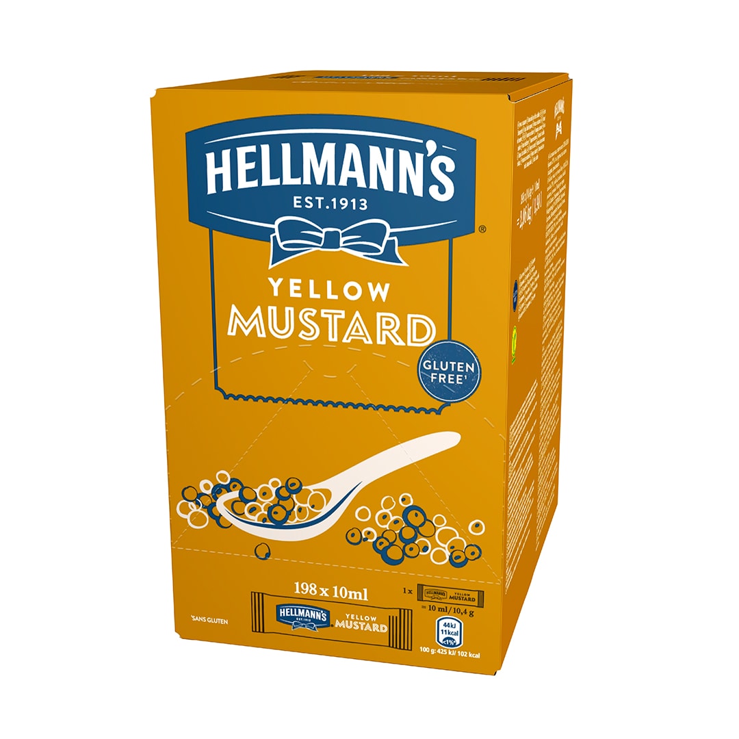 Hellmann's Mostaza Monodosis sin gluten caja 198 x 10ml - Ofréceles toda la calidad de la Mostaza Hellmann’s en un práctico formato monoporción